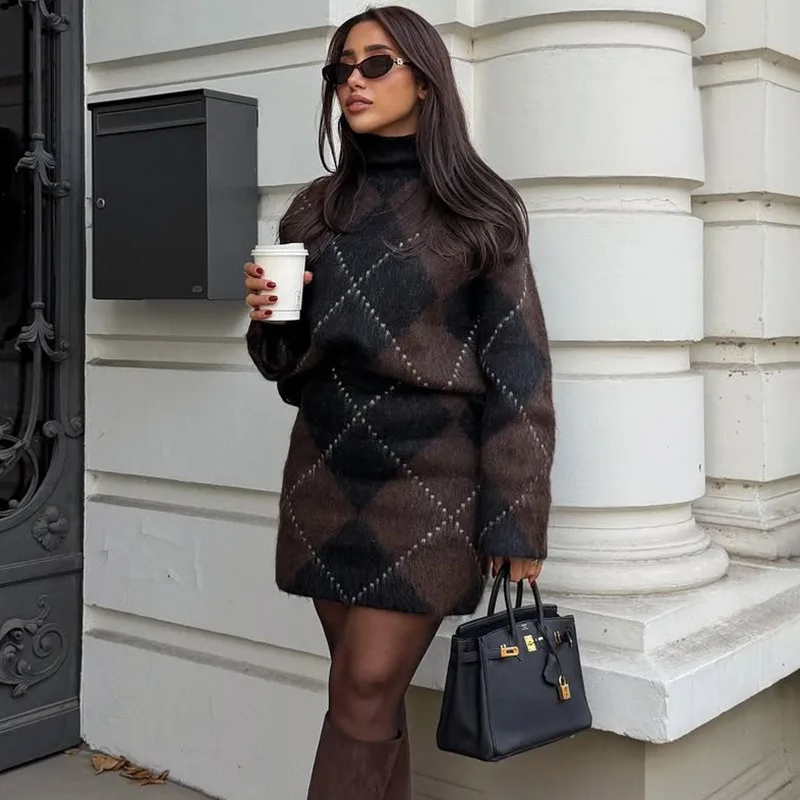 Ticketsx Women Vintage Knit Sweater Fashion High Neck Striped Contrast Pullover Mini Knit Skirt Autumn Elegant Loose Pullovers