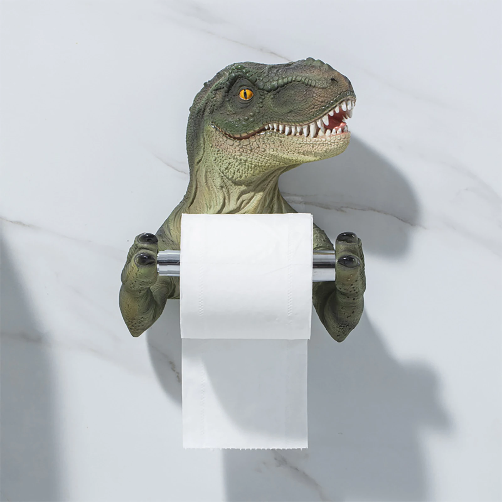 3D Dinosaur Holding Roll of Toilet Tissue Wall Mounted Spring Dinosaur Toilet Paper Holder No Drilling Bathroom & Bedroom Decor