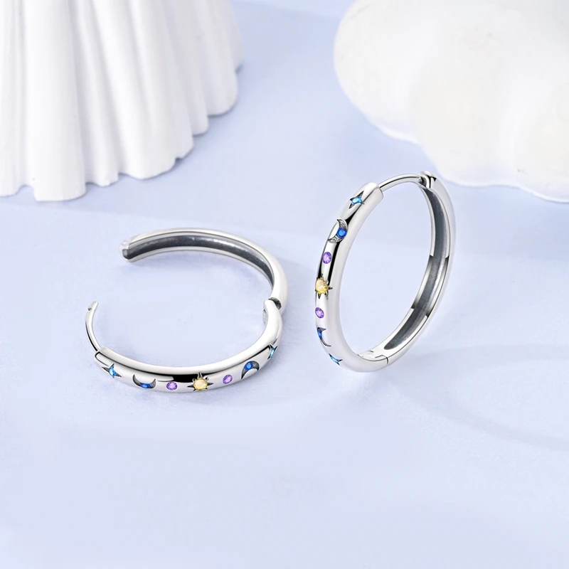 

925 Sterling Silver Earrings Women Sparkling Colored Gemstone Starry Sky Hoop Earring For Anniversary Wedding Jewelry Gifts