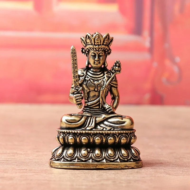 Vintage Brass Akasagarbha Bodhisattva Figurine, Buddha Statue with Sword & Lotus, Mini Desktop Ornament,  Craft Gift