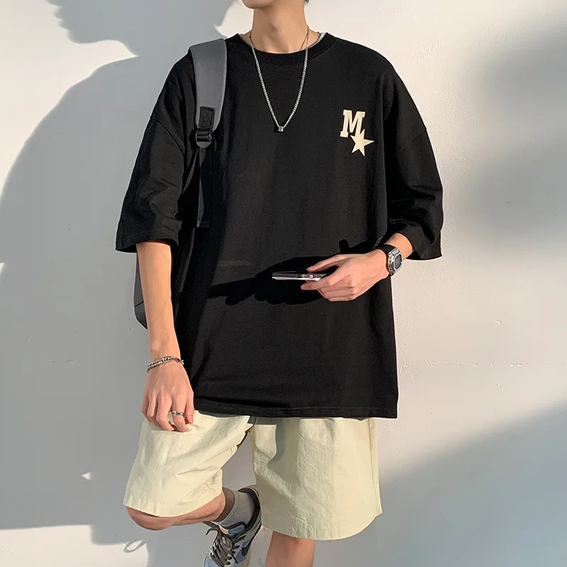 

White, Military Green, Black, Short Sleeve T-Shirt Men's Summer Thin 2023 New Loose Five Points Medium Sleeve Cotton Top