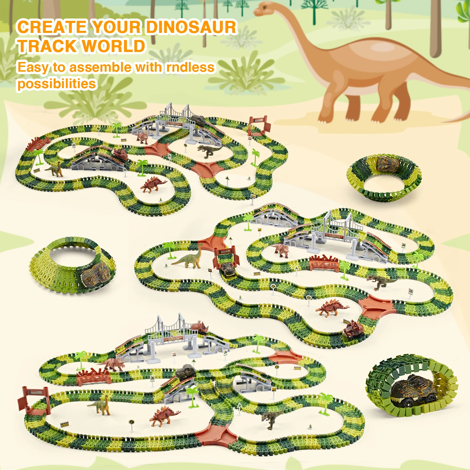 500Pcs Children Electric Track Toy Car Dinosaur Car Kids Educational Toys Track Car Train Toys for Child Birthday Christmas Gift