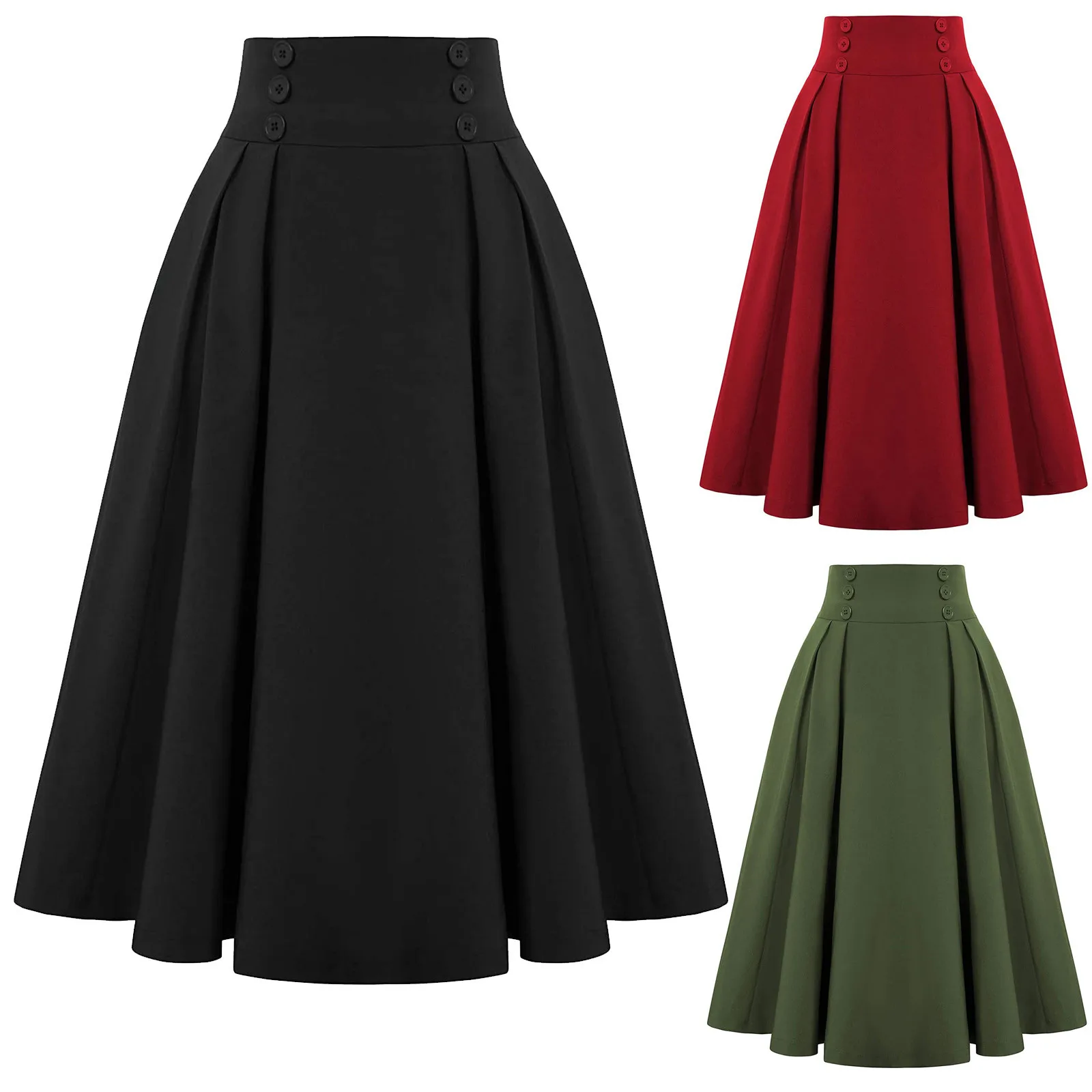 2024 New Vintage Fashion High Waist Skirts for Women Solid Color Black Red Yellow Green Summer Midi Skirt Buttons Skirt