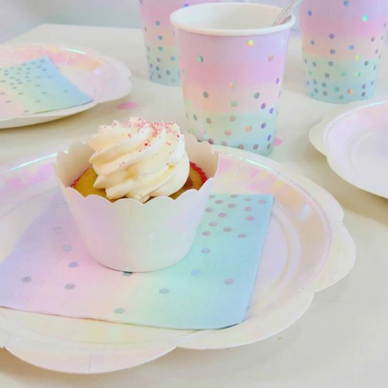 สายรุ้งสีชมพูวันเกิดตกแต่ง Disposable Tableware หลอดกระดาษแผ่นถ้วยเด็ก Baby Shower Wedding Party Supplies