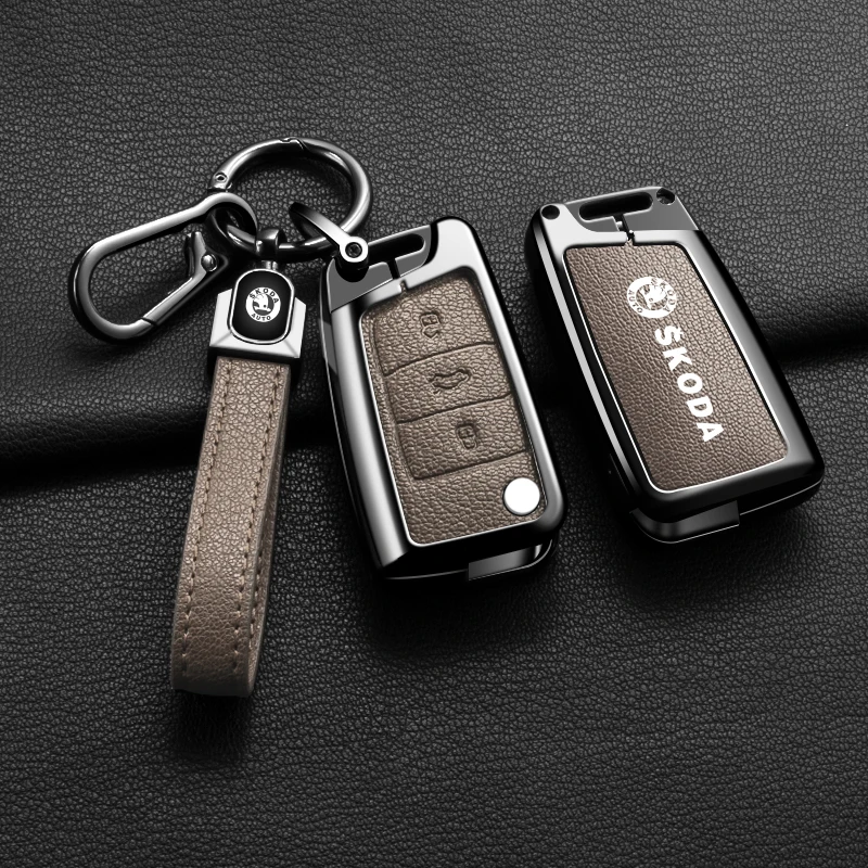 

Leather Zinc Alloy Car Remote Key Case Fob Holder Shell For Skoda Octavia 3 Fabia A5 A7 Superb Karoq Kodiaq Keychain Accessories