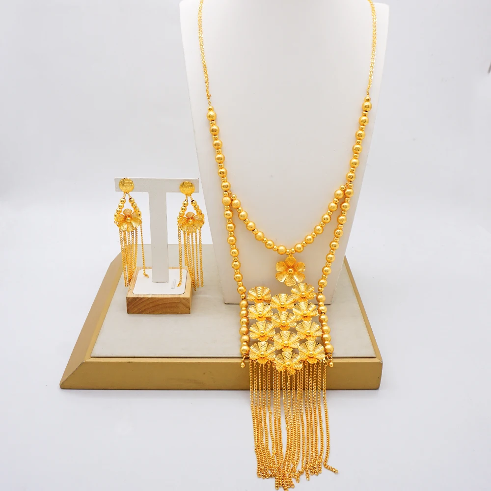 

Dubai Gold Plated Beaded Necklace Earrings Jewelry Set Tassel Long Necklace Wedding Luxury Accessories