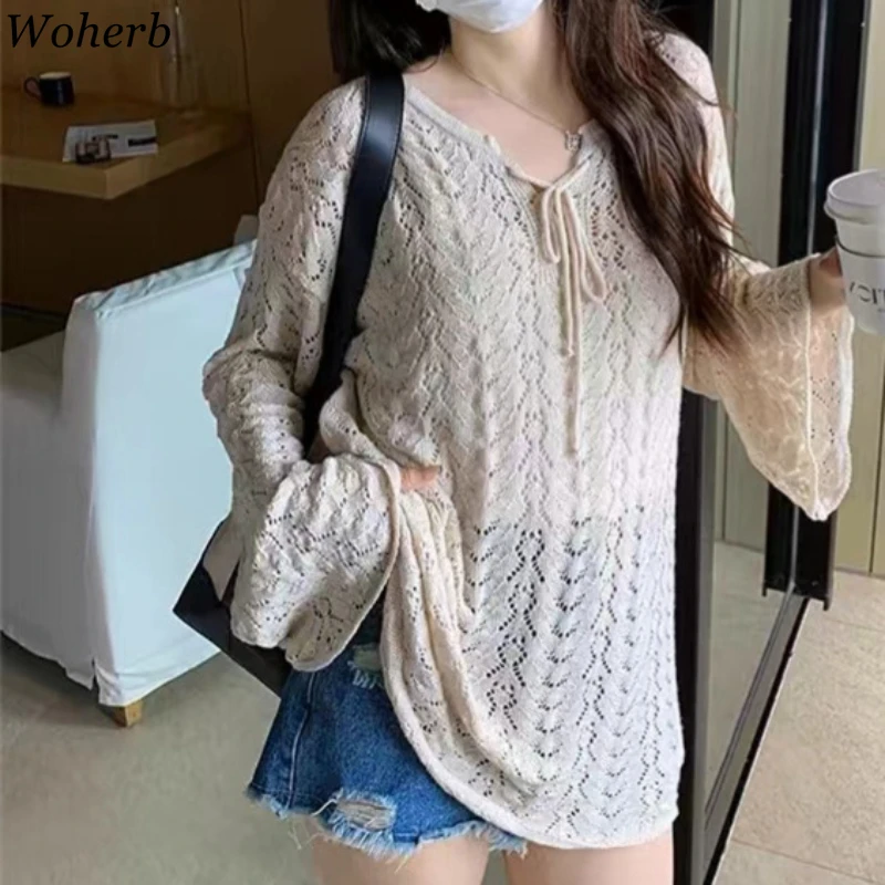

Sueter Mujer Fashion Pullovers Women's Clothing Hollow Out Casual Knitting Thin Sweater Y2k Tops Sexy Korean See Through Jumper