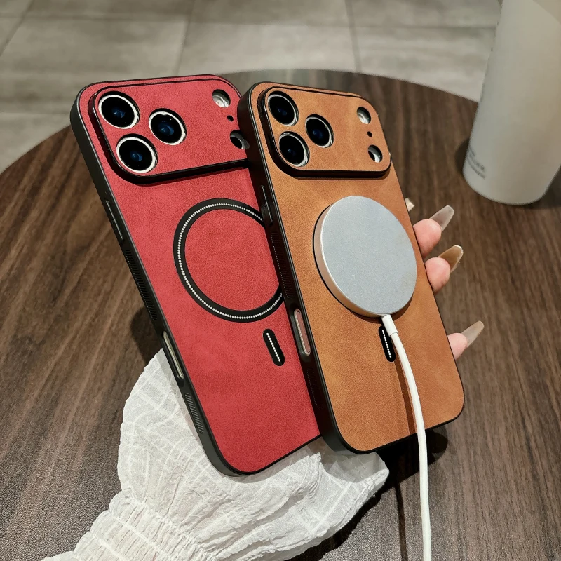 For Magsafe Magnetic Wireless Charge Luxury PU Leather Phone Case For iPhone 17 Pro Max 15 11 13 12 14 16 Pro Max 16E Back Cover