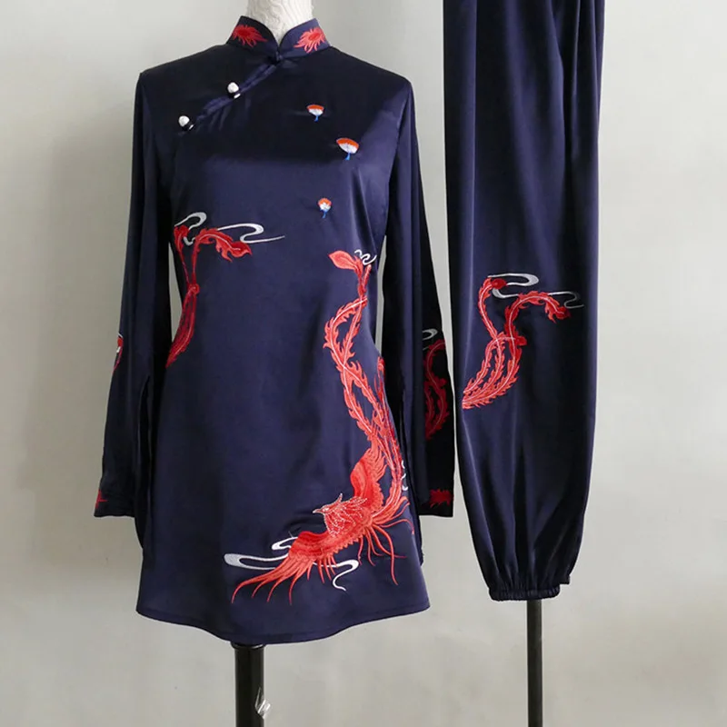 Mid-Length Phoenix Embroidered Tai Chi Uniform Women Kung Fu Practice Suit Wushu Performance Slim Waist Long Navy Blue Custom