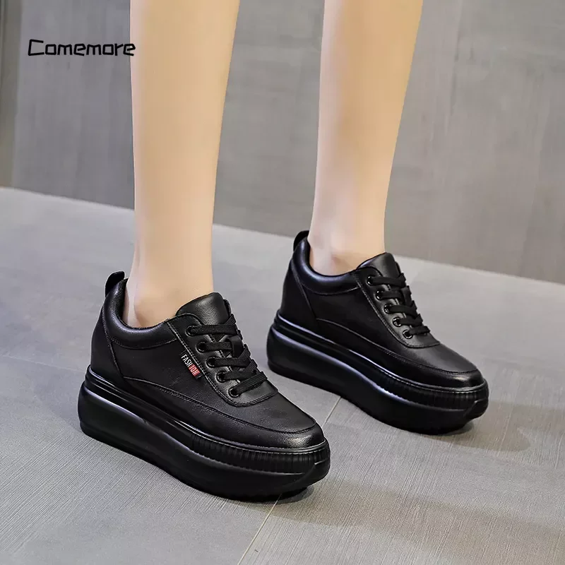 Comemore Platform Wedge Female Women 8CM Heels 2023 Sneakers Chunky Spring Autumn Shoe Women Genuine Leather Casual Black Shoes