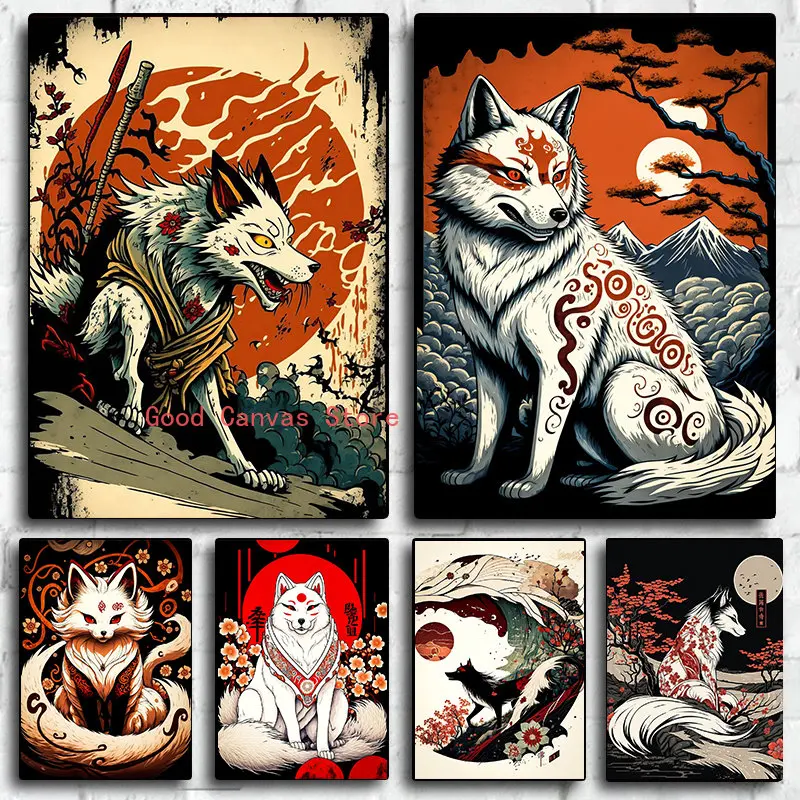 Okami Amaterasu Canvas Painting Japanese Style Wolf Posters and Prints Abstract Wall Art Picture for Living Room Home Decoration