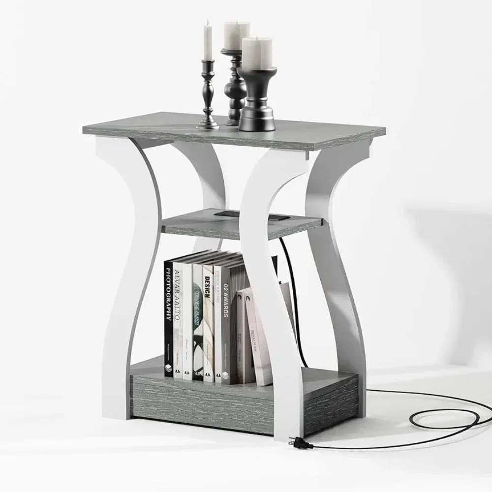 Nightstand With Charging Station, Side Table With USB Ports And Outlets, Grey, 3 Tier End Table With Storage Shelf