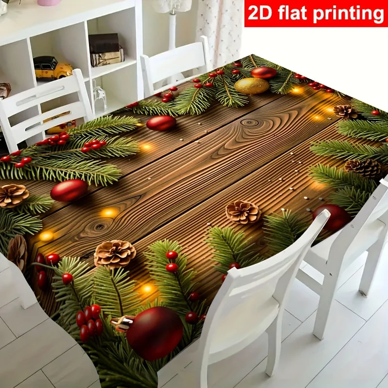 VIKAMA Rustic Pine Branch Tablecloth Pinecone Red Berry Bauble Rectangle Table Cover for Xmas Holiday Winter Dining Party Decor