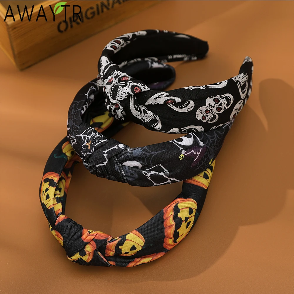 AWAYTR Halloween Pattern Bow Tie Headbands Farbic Wide Headband Hair Accessories For Women Festival Headwear