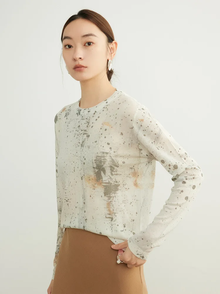 SuyaDream, Women Printed Pullovers, Wool Lyocell Blend, Round Collar, Plain Knit T shirts, 2024 Fall Winte Top