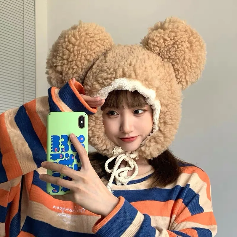 Ins Korean Kawaii Pom-pom Big Ears Bear Hats for Women Winter Imitation Lamb Wool Cold Proof Protection Ear Strap Bomber Cap