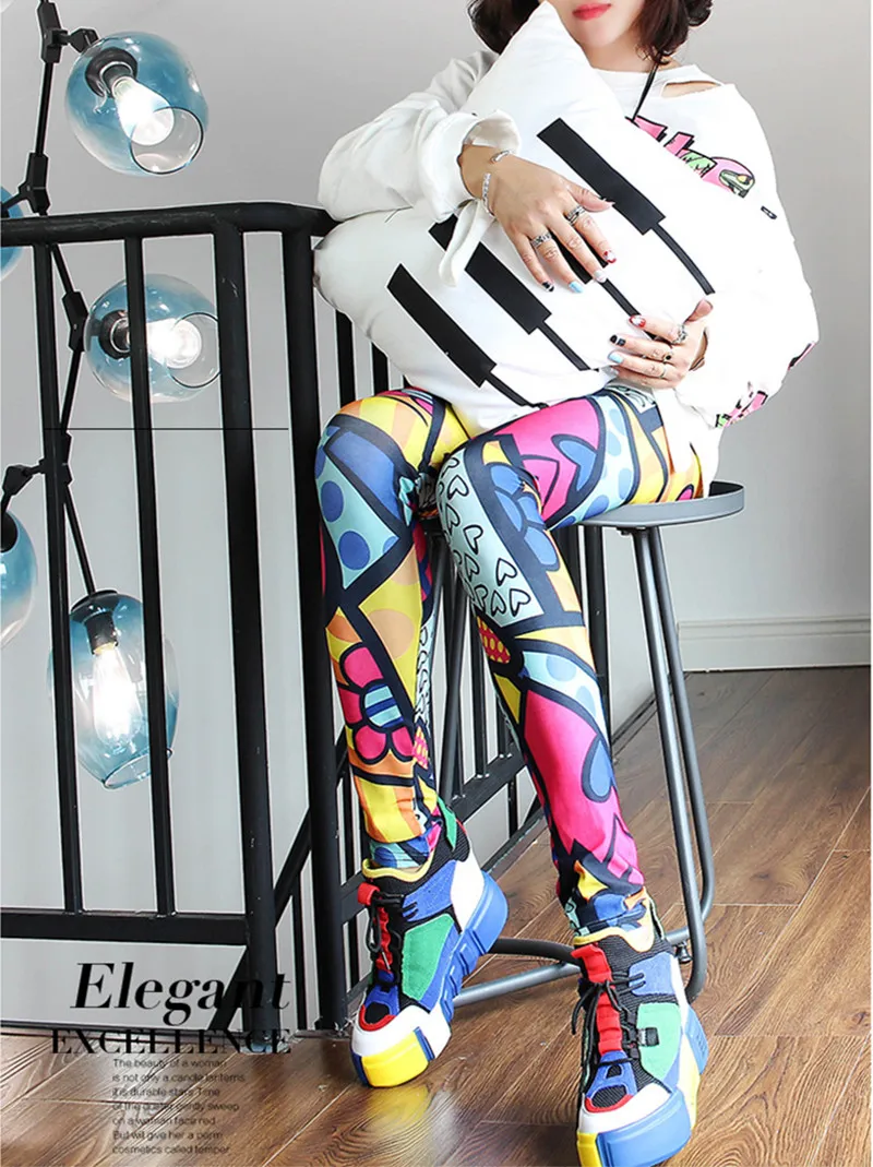 Women Fashion Printed Leggings High Stretch Slim Skinny Pants Streetwear Graffiti Star Striped Pattern Outerwear Trousers - view 2