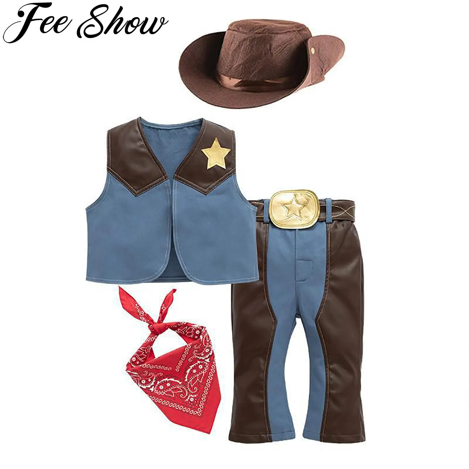 

Kids Boys Western Cowboy Costume Sleeveless Vest with Hat Scarf Pants Sets for Halloween Carnival Cosplay Themed Party Dress Up