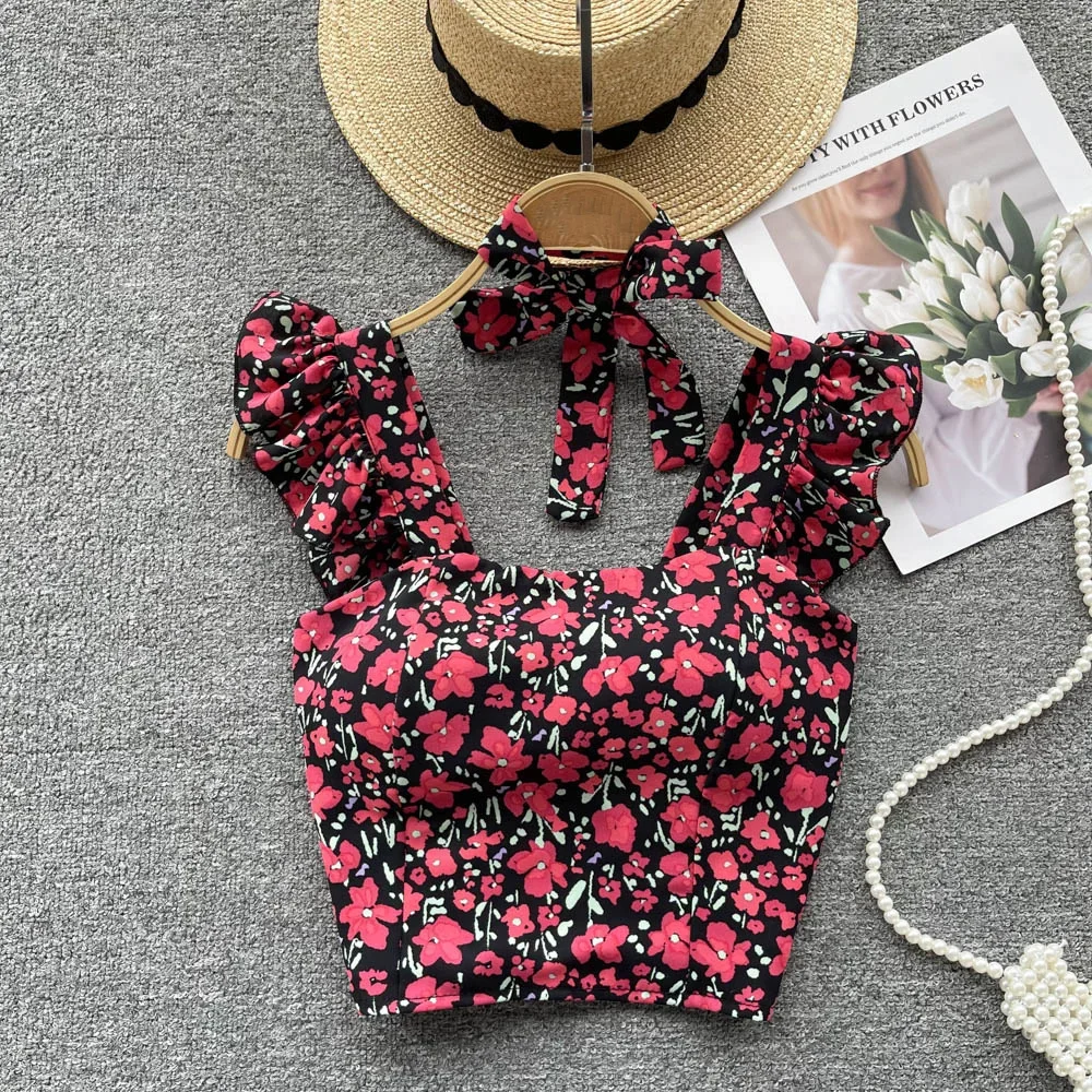 2024 Beach Camisole Retro Women Ruffle Top Short Slim Female Fashion Korean Streetwear Summer Floral Camis Blouses