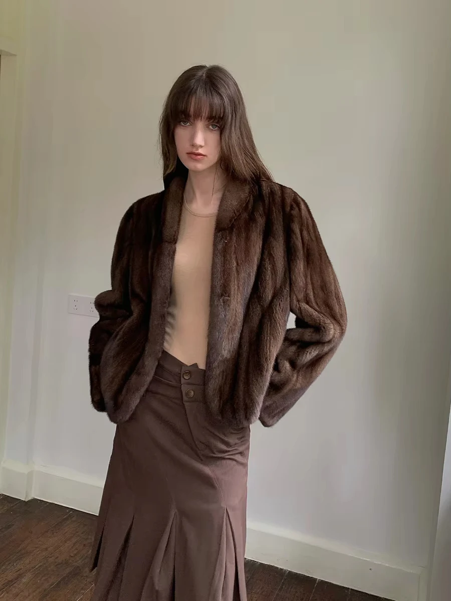 2026 Autumn Winter Women Faux Mink Fur Jacket Stand Collar Open Front Cropped Fluffy Coat with Pockets