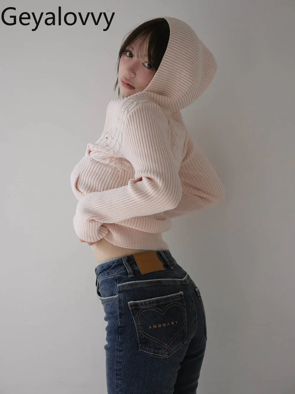 

Японский стиль, нишевый розовый вязаный свитер с капюшоном и v-образным вырезом для девочек, милая женская осенняя облегающая верхняя одежда, пуловер, трикотаж