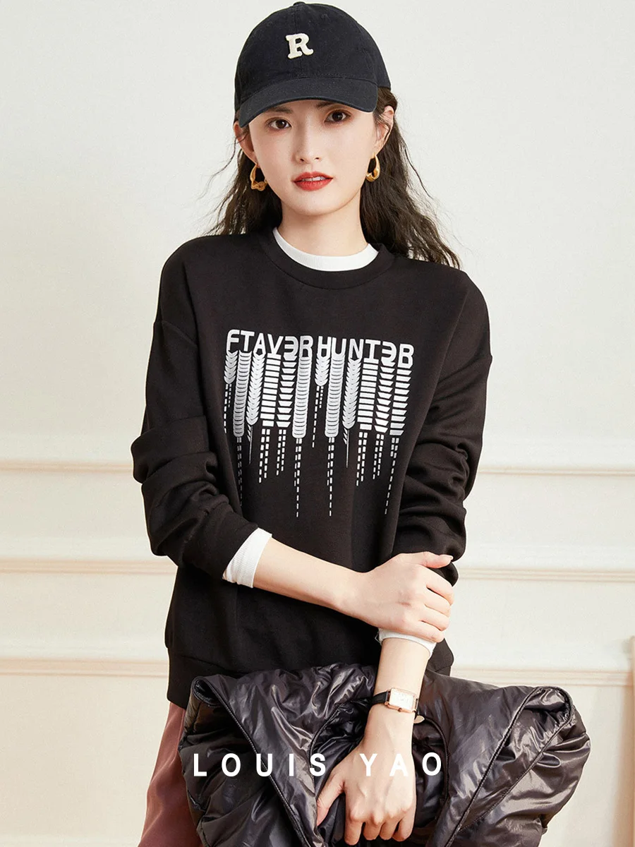 LOUIS YAO 2025 Spring and Autumn Simple Trendy 3D Printed Hoodie Round Neck Loose Casual Women's Long Sleeve Hoodie
