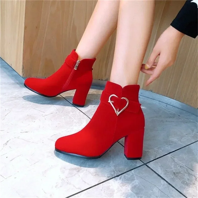 Women\'s Chunky Heeled Ankle Boots, Solid Color Side Zipper High Heels, Stylish Short Boots