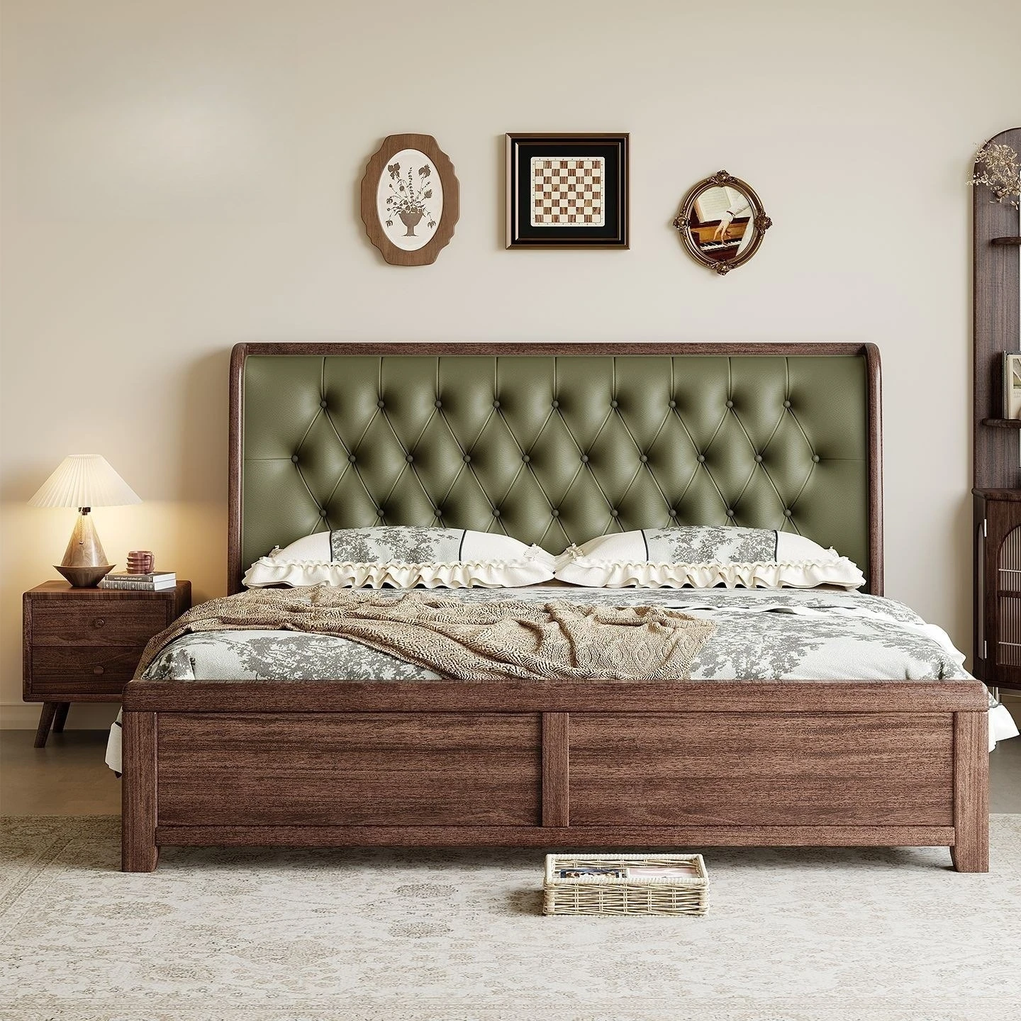 Black walnut, new Chinese master bedroom double bed, retro medieval style, first layer of cowhide