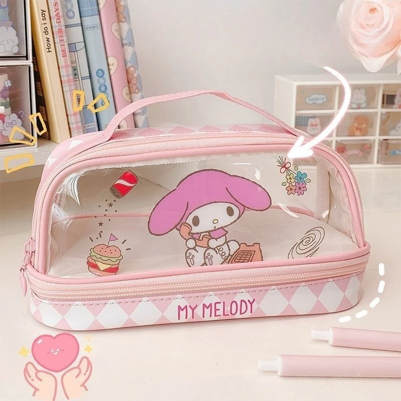 Новый пенал Sanrio Cinnamoroll Hello Kitty Kuromi My melody, милый прозрачный двухслойный чехол для канцелярских принадлежностей большой емкости