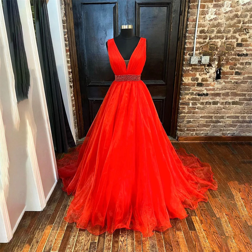 

Lily Red V-Neck Tulle Formal Dresses A-Line Tank Party Dress For Wedding Special Occasion Dresses with Beaded Belt robe soirée