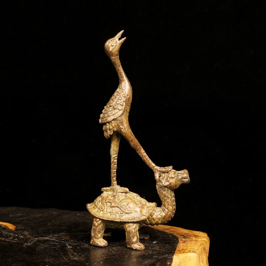 Vintage Bronze Crane & Dragon Turtle Statue Feng Shui Success Longevity Home Office Desk Decor Gift Collectible Art