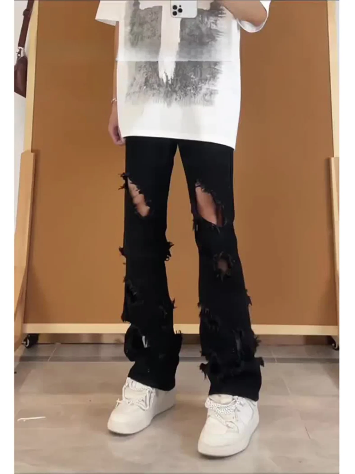 

Monster Lab Bla Hole Punch Jeans Men's Summer Thin Leg Lengthening Slimming Knife Flared Pants Straight Leg Fit Jeans
