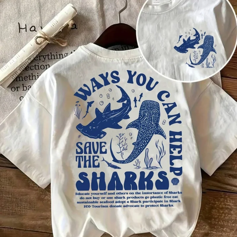 New Trendy Protect The Shark Save Ocean Back Print Graphic T-shirt Men O Neck Short Sleeve Vintage Streetwear Tee