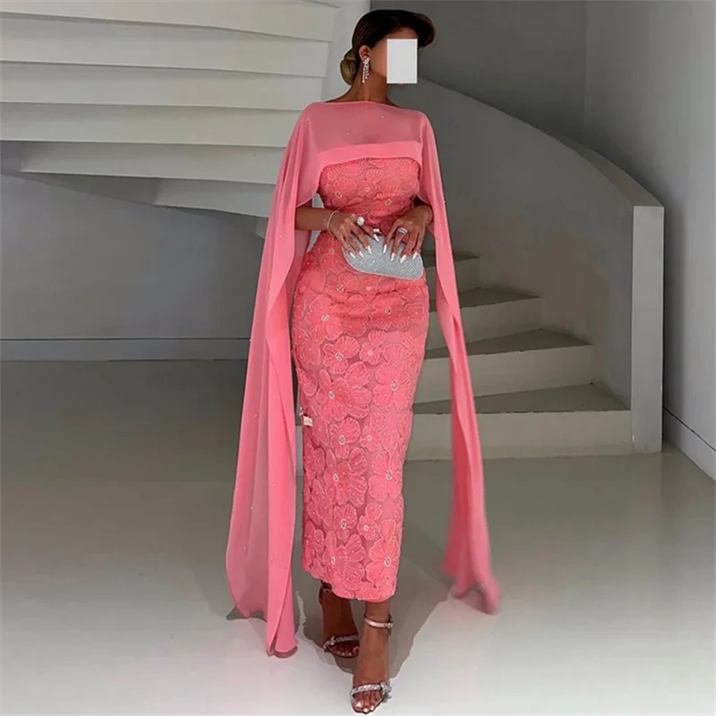 

Peach Pink Evening Dress with Chiffon Cape Strapless Sleeveless Exquisite Lace Flower Mermaid Party Gown Saudi Arab Prom Dresses