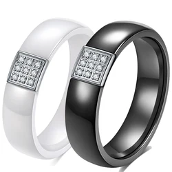 VQYSKO New 6mm Classic Squar Ceramic AAA Cubic Zirconia Ring For Women Fashion Jewelry Black White Ceramic Wedding Band Ring