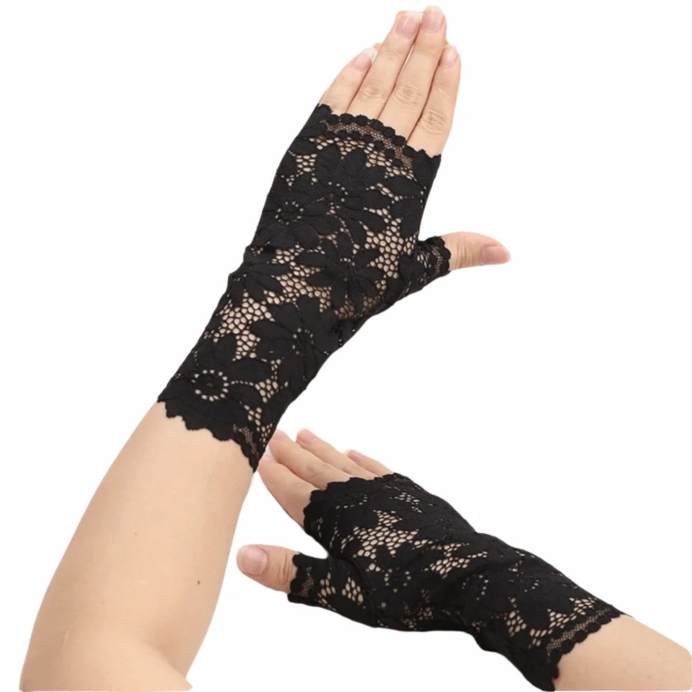 Flower Pattern Lace Sunscreen Gloves Breathable Mesh Elastic Cuff Bridal Short Gloves Thin Fabric Exposed Finge