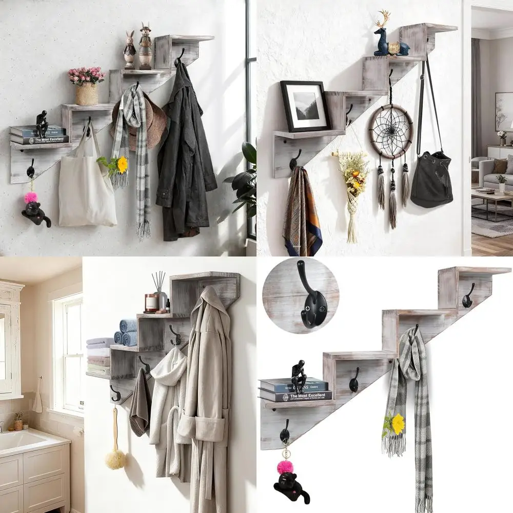 

White Ladder-Style Wall Shelf with 4 Hooks for Coats, Keys, and Decor