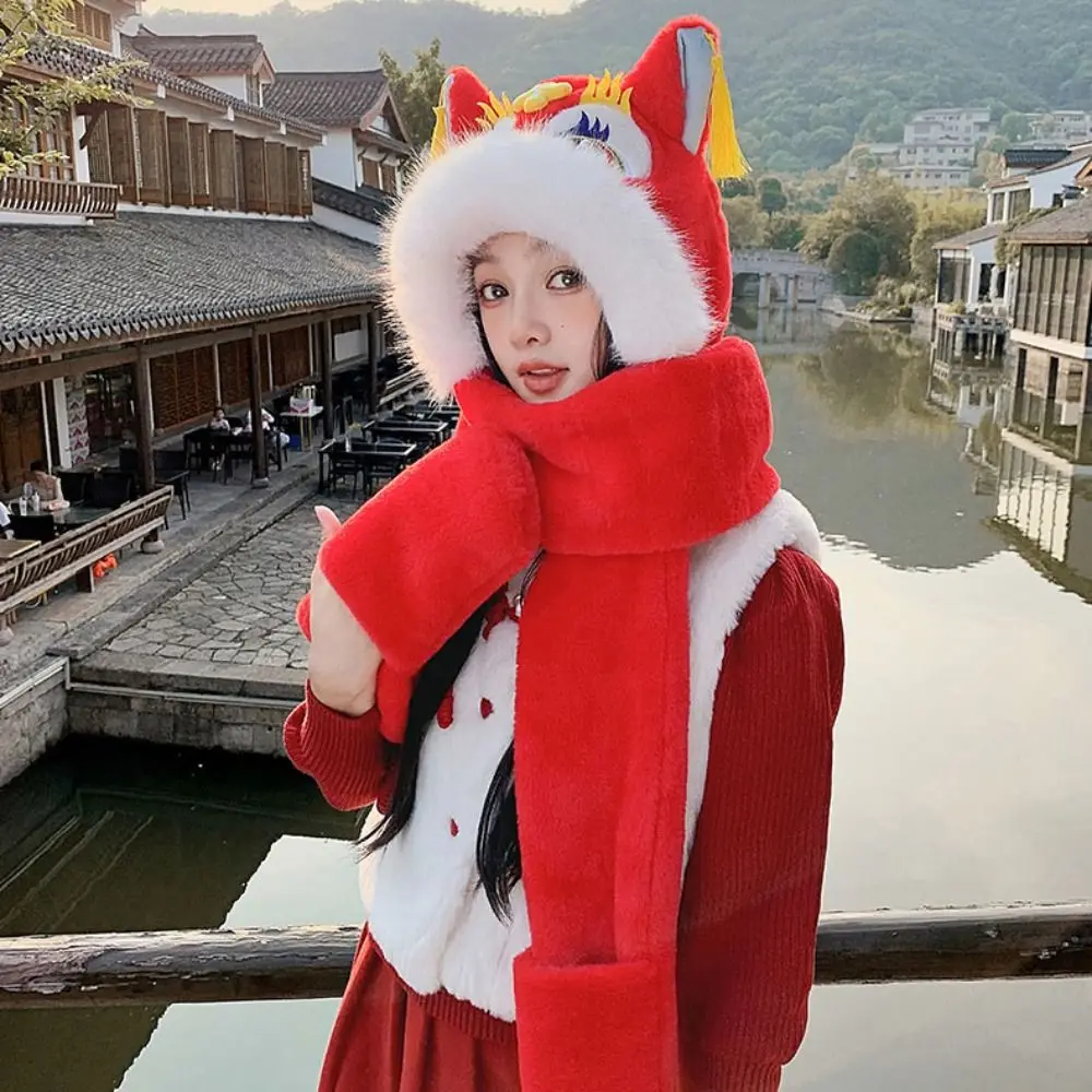 

Kawaii Ear Muffs Lion Dance Beanies Hat Tassels Lace Up New Year Pullover Cap Cute Chinese style Winter Plush Warm Hat Outdoor