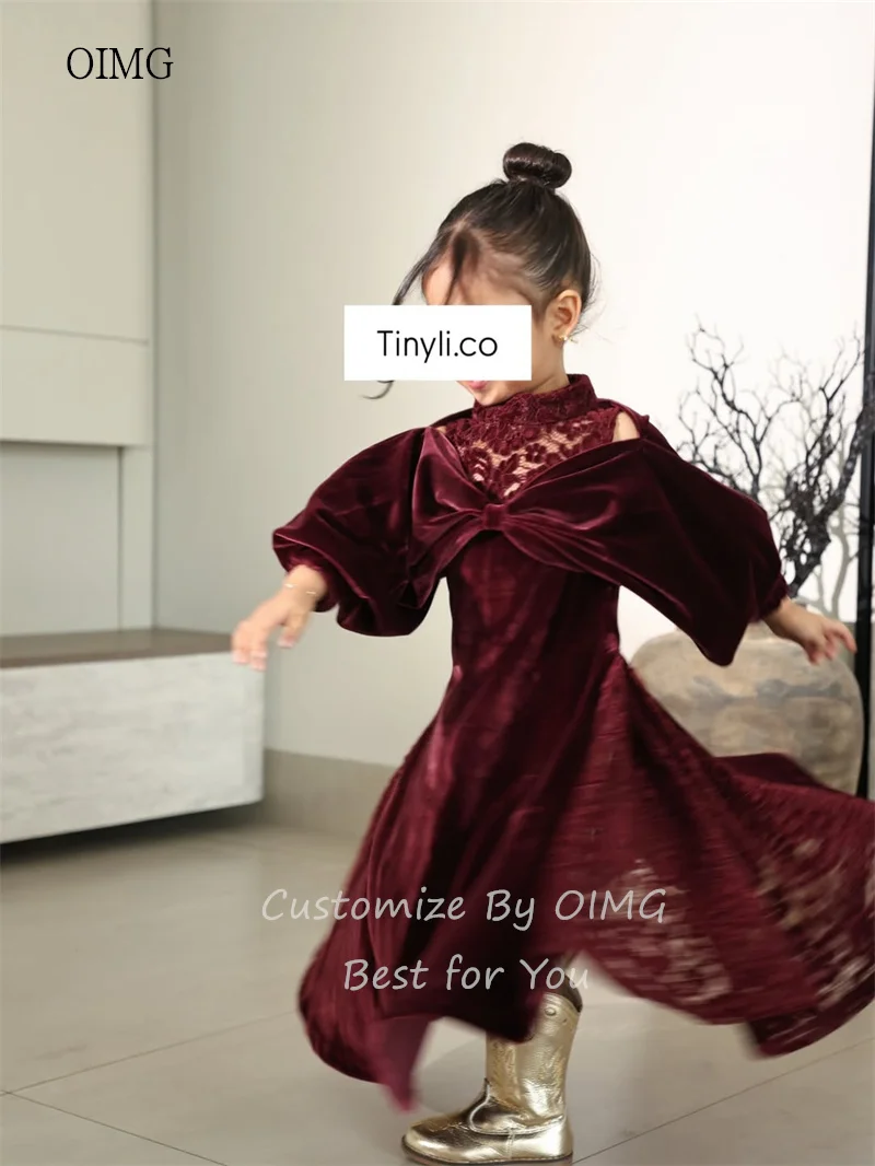 OIMG Burgundy Lace High Neck A Line Flower Girl Dresses Lantern Sleeves Bow Wedding Gown Floor Length Party Dress Customized