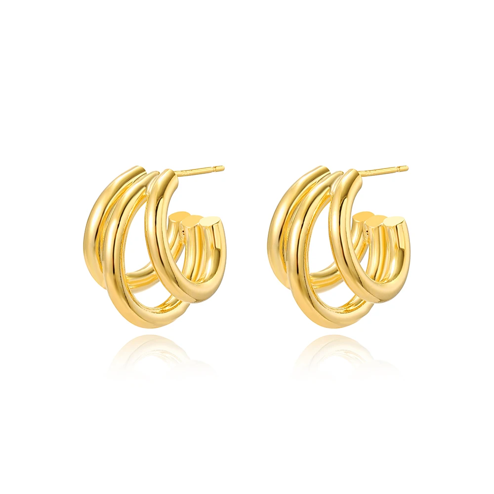 Gold Color Smooth Three Circles Hoop Earrings Exaggerated Thick Tube Round Ear Simple Women Fashion Jewelry Hiphop Rock