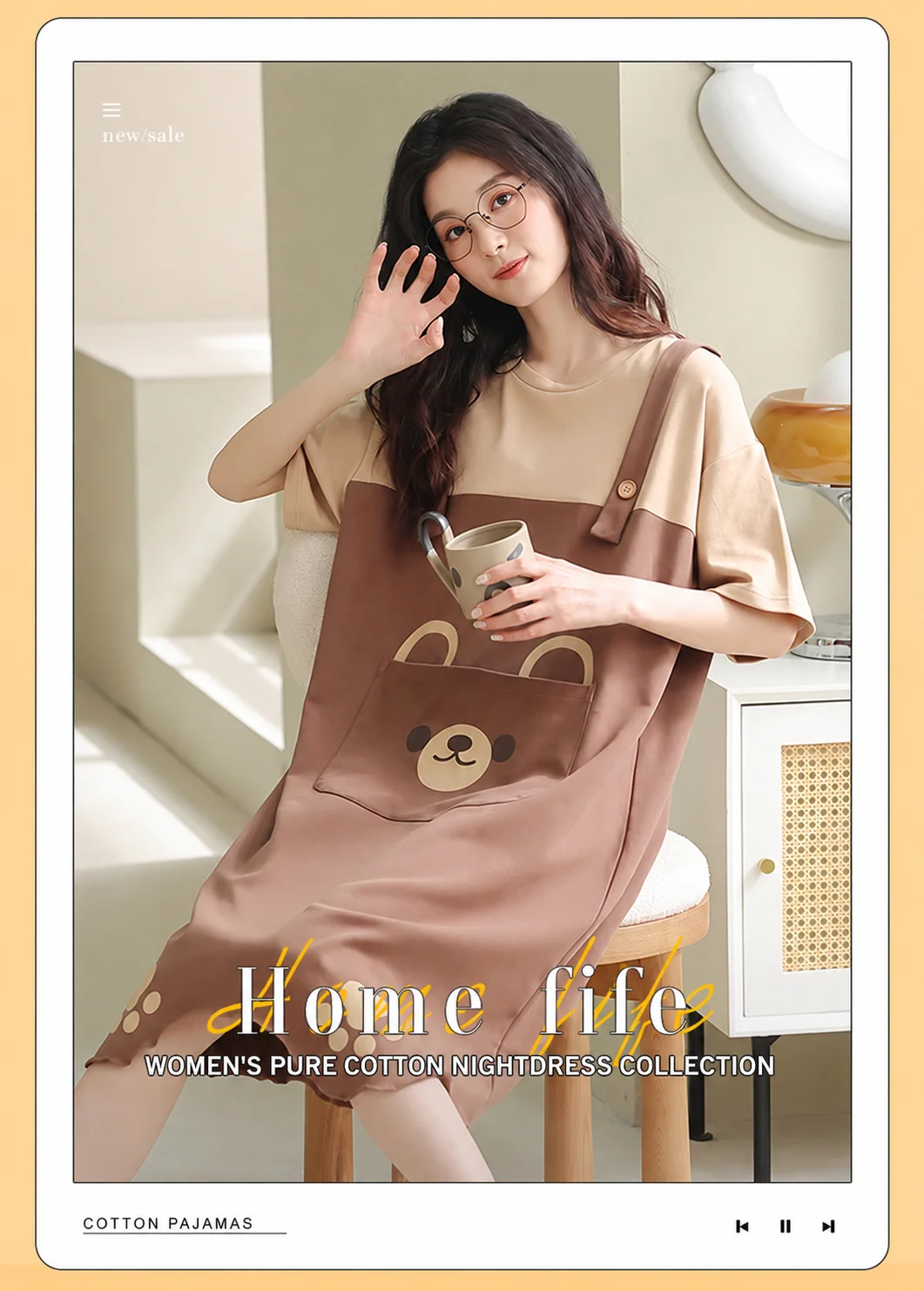 Plus Size Pure Cotton Nightgown for Women Loose Fit Breathable Short Sleeve Faux Two Piece Bear Print Home Wear Summer Sleepwear