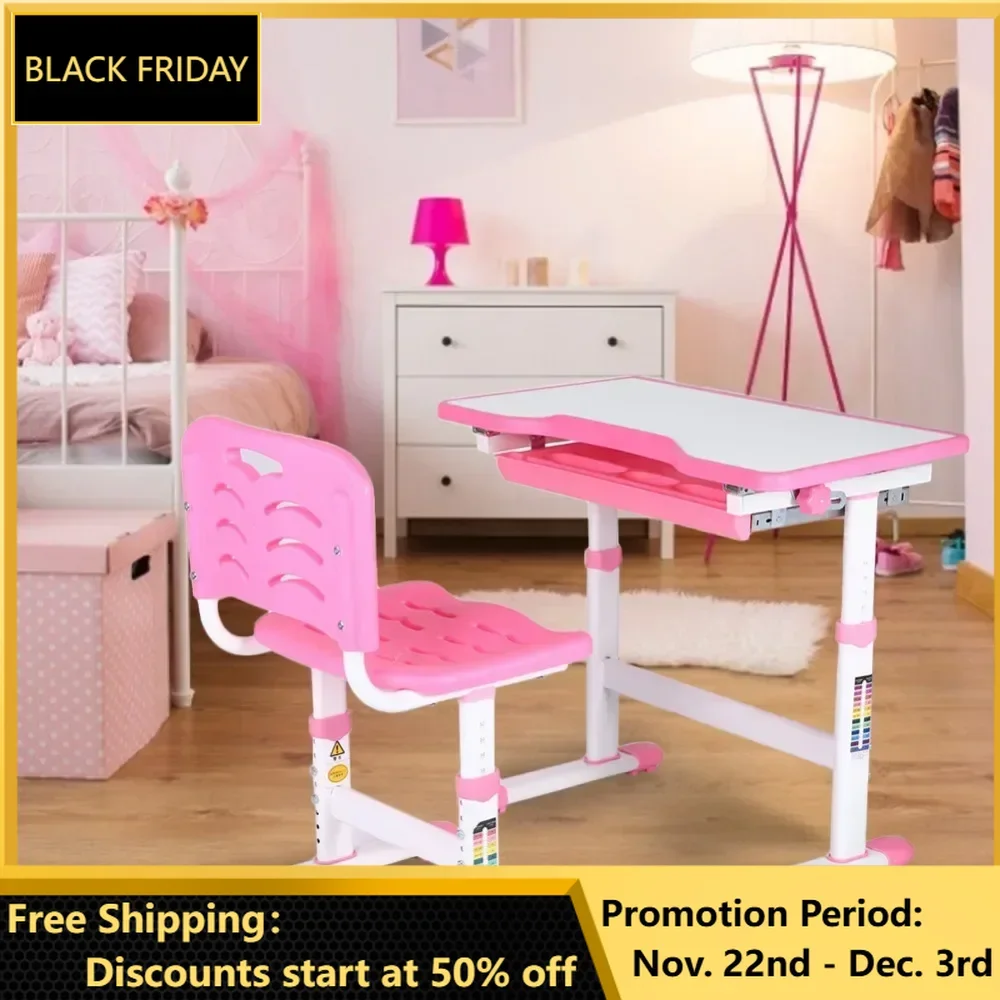 Table Set, Adjustable Pull Out Drawer Kids Study Homework Desk Chair Children Activity Art Table Set(Pink), Table Set Kids