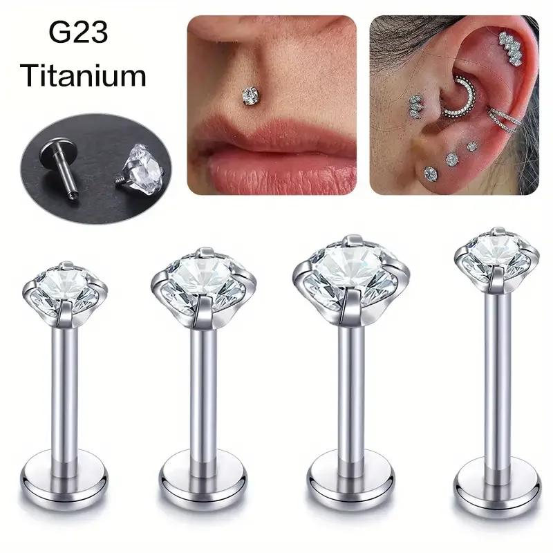 2PC Labret Tragus Stud Earrings 16G Surgical Titanium CZ Crystal Monroe Helix Cartialge Conch Medusa Lip Body Piercing J