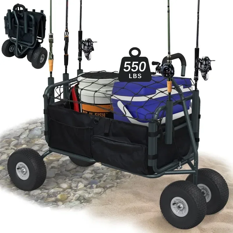 Fishing Cart Beach Carts Heavy Duty Foldable Collapsible Wagon with Big Wheels and Rod Holders 550 Pound Capacity