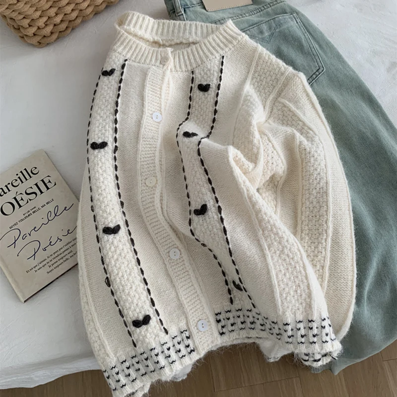 Vintage Häkeln LIEBE Gedruckt frauen Strickjacke Herbst Winter Sanfte Lange Hülse Lose Pullover Jacken Weibliche Weiche Strickwaren