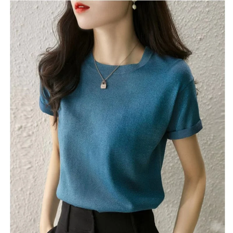 

new summer thin ice silk short sleeve bright silk T - shirt women's round neck pullover Korean version knitted half sleeve top