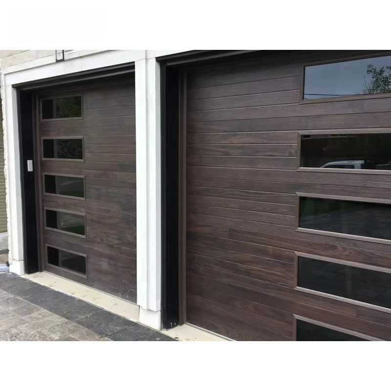 Electric 16x8 Aluminum Wooden Looking Galvanized Steel PU Foam Overhead Sliding Garage Door With Black Windows