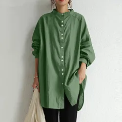 2024 Spring New Women's Shirt Fashion Retro Standing Collar Long Sleeve Cotton Linen Shirt Casual Loose Solid Mid Length Blouse