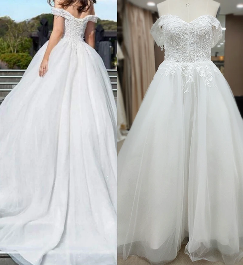 100% Real Photos Off-Shoulder Sweetheart Short Sleeve Backless Ball Gown Wedding Dress Elegant 2020