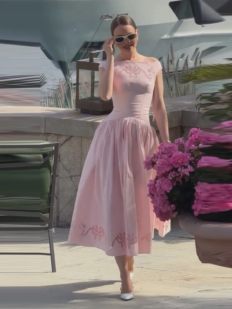 Schulterfreies, besticktes, tailliertes langes Kleid für Damen – Luxuriöses, weit ausgestelltes, schmales Party- und Abendkleid – Elegantes Damen-Vestido Longos – Detail 20